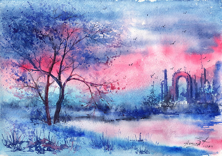 grauer Baum nahe Schlosstapete, Vögel, Fluss, Baum, der Abend, Bogen, gemalte Landschaft, HD-Hintergrundbild