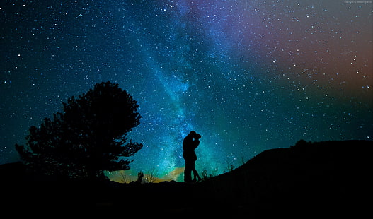 4k, céu, beijo, noite, imagem de amor, estrelas, HD papel de parede HD wallpaper