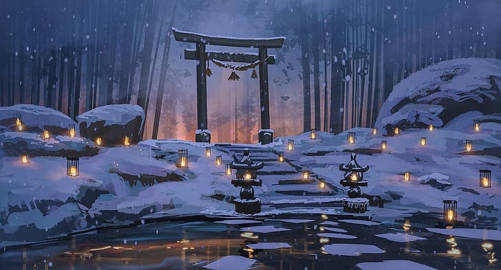 anime, torii, lago, invierno, nieve, bosque, linterna, Surendra Rajawat, Fondo de pantalla HD