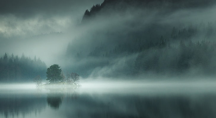 ancora corpo d'acqua, natura, paesaggio, lago, nebbia, montagne, mattina, foresta, Scozia, alberi, isola, Sfondo HD