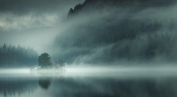 nieruchoma woda, przyroda, krajobraz, jezioro, mgła, góry, poranek, las, Szkocja, drzewa, wyspa, Tapety HD HD wallpaper