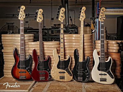 Mehrere E-Bass-Gitarren, Bass, Gitarre, Fender, Jazz, Präzision, HD-Hintergrundbild HD wallpaper