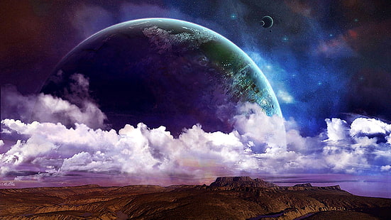 krajobraz, krajobraz fantasy, sztuka fantasy, sztuka kosmiczna, chmura, ziemia, planeta, księżyc, niebo, wszechświat, obca planeta, powierzchnia, przestrzeń, Tapety HD HD wallpaper