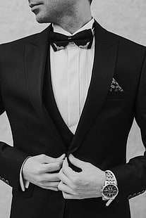 men's black suit jacket, man, tuxedo, bw, suit, watch, groom, HD wallpaper HD wallpaper