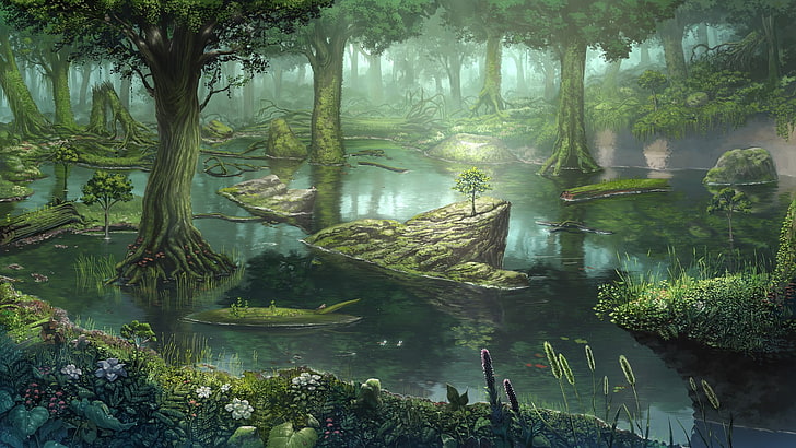 body of water with green trees painting, digital art, drawing, forest, fantasy art, HD wallpaper