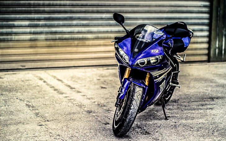 Yamaha YZF-R1 Supersport, purple and black sports motorcycle, yamaha, yzf-r1, bike, SuperSport, blue, HD wallpaper
