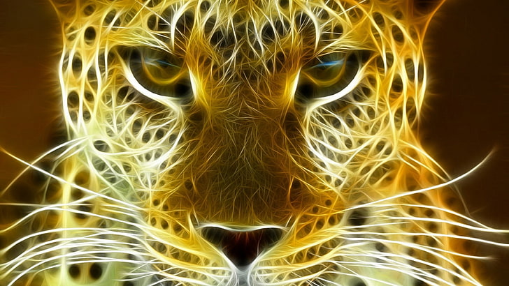 arte digitale, gatto grande, leopardo, fiamma, luce, grafica, bruciatura, barba, Sfondo HD