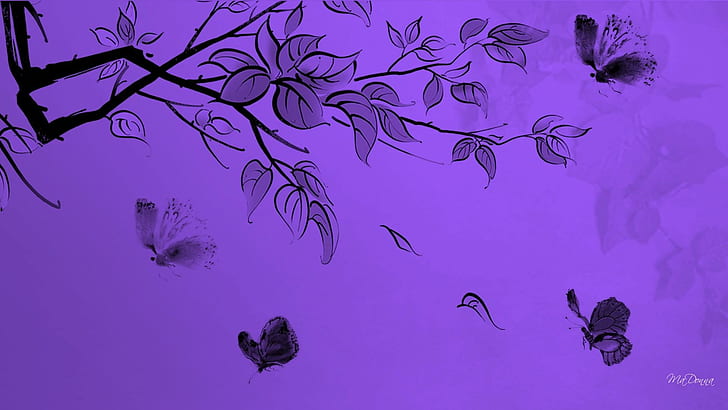 Фиолетовый с бабочками, персонаж Firefox, листья, дерево, бабочка, цветы, весна, аннотация, конечность, фиолетовый, бабочки, HD обои