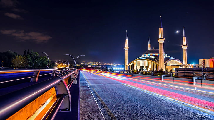 Анкара, город, огни, длинная выдержка, мечеть, турция, HD обои