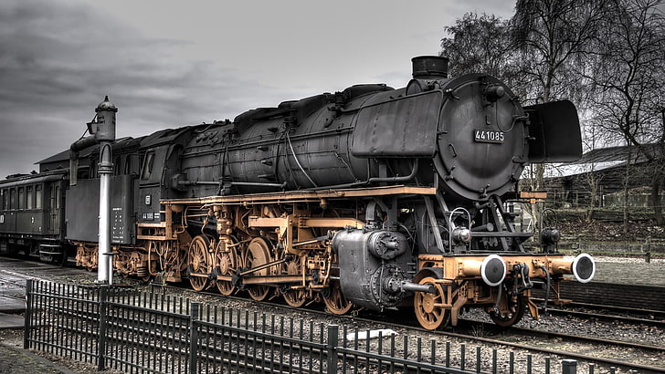 ヴィンテージの黒と茶色の電車、駅、電車、鉄道、HDR、蒸気機関車、ドイツ鉄道、 HDデスクトップの壁紙