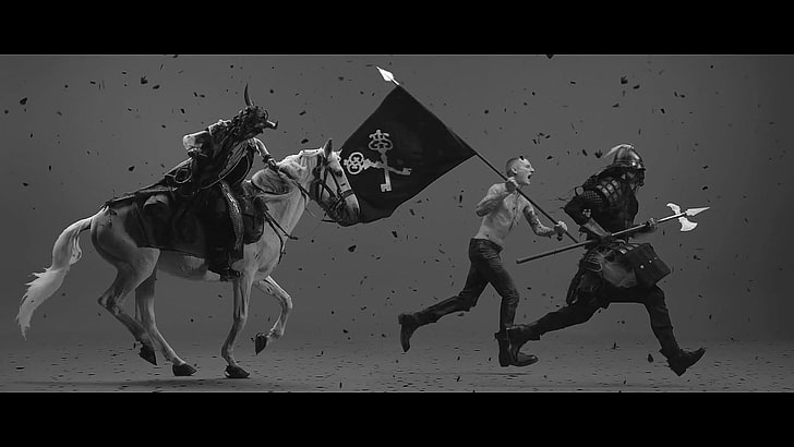 мъж, яздещ на кон илюстрация, Woodkid, кон, войн, оръжие, флаг, фентъзи изкуство, HD тапет