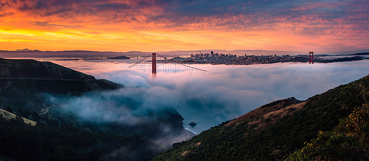 бело-голубая лодка на водоеме, мост, туман, мост Золотые Ворота, Сан-Франциско, США, HD обои