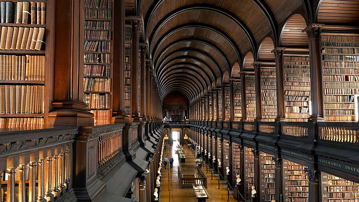 brązowo-szare wnętrze biblioteki, biblioteka, książki, biblioteka Trinity College, Dublin, półki, Tapety HD