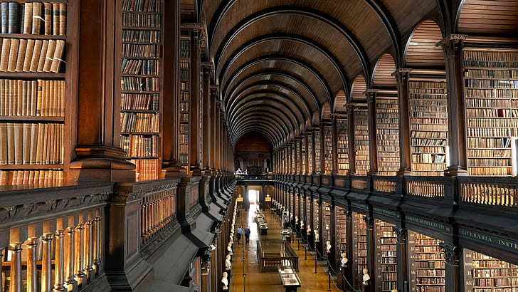 Biblioteca del Trinity College, biblioteca, libros, estanterías, Dublín, Fondo de pantalla HD