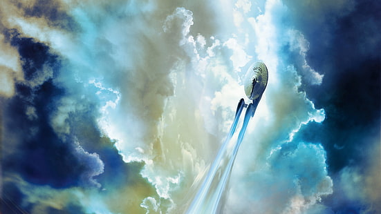 небо, облака, полёт, фантастика, Enterprise, Star Trek, космический корабль, Starship, Spacecraft, NCC 1701, HD обои HD wallpaper