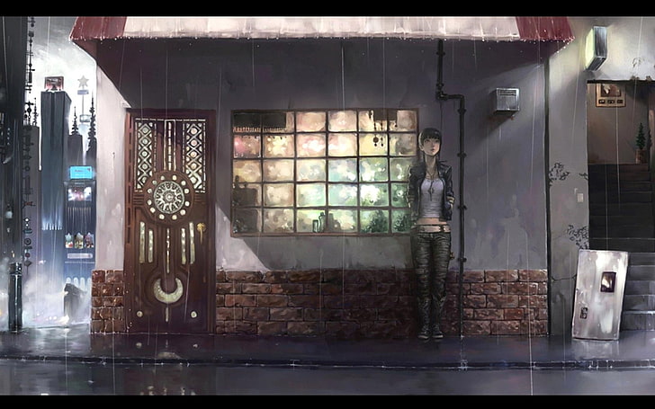 建物の横に立っている灰色のシャツを着ている少女アニメーションのデジタル壁紙、アートワーク、 HDデスクトップの壁紙