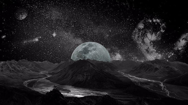 fantasy world, moon, black, universe, black and white, planet, milky way, sky, darkness, astronomical object, monochrome, night, outer space, HD wallpaper