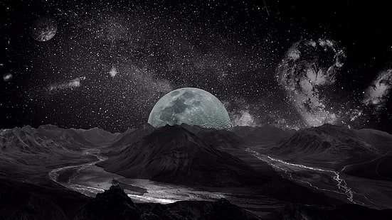 ファンタジーの世界、月、黒、宇宙、黒と白、惑星、天の川、空、闇、天体、モノクロ、夜、宇宙、 HDデスクトップの壁紙 HD wallpaper