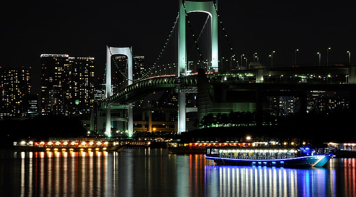 Rainbow Bridge, gray bridge, City, Ship, Landscape, Night, Japan, Bridge, Tokyo, Odaiba, nikon, Tokio, tokyoprefecture, minatoku, HD wallpaper
