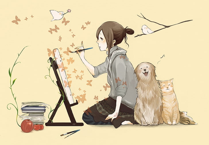 woman painting illustration, cat, butterfly, birds, books, dog, girl, brush, draws, easel, HD wallpaper
