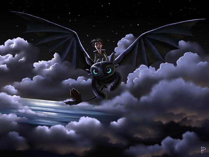 Как приручить дракона Беззубая иллюстрация, полет, радость, ночь, дракон, парень, арт, беззубый, Как приручить дракона, Rom-Art, HD обои
