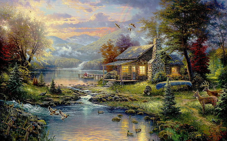 rumah kayu cokelat di dekat sungai dikelilingi oleh lukisan pohon, hewan, karya seni, burung, rumah, alam, lukisan, pelangi, Wallpaper HD