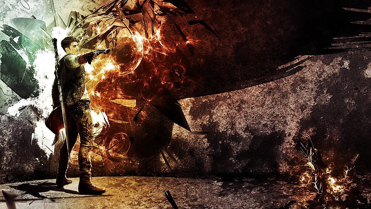 남자 포인팅 총 벽지, DmC : Devil May Cry, 비디오 게임, 단테, 검, 권총, HD 배경 화면