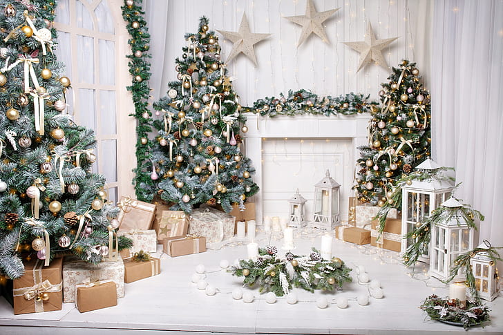 장식, 공, 나무, 새해, 크리스마스, 선물, 디자인, 선물, 방, 인테리어, 집, 명랑한, 전나무 나무, HD 배경 화면