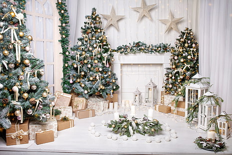 декорация, топки, дърво, Нова година, Коледа, подаръци, дизайн, подарък, стая, интериор, дом, Весела, елха, HD тапет HD wallpaper