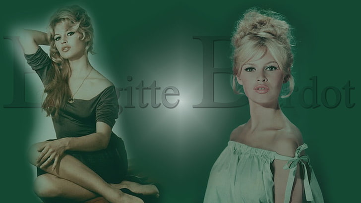 หญิงสาวผมบลอนด์ในชุดคอตักสีเขียวพร้อมข้อความซ้อนทับ Brigitte Bardot การแต่งรูปสีเขียว, วอลล์เปเปอร์ HD