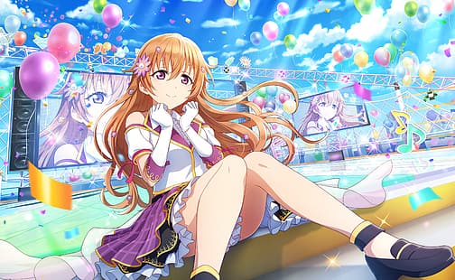 Konoe Kanata, Cinta Hidup!, Cinta Hidup! Klub Idola SMA Nijigasaki, anime, gadis anime, sarung tangan, bintang, balon, langit, awan, konfeti, tersenyum, melihat penonton, gaun, alat musik, sinar matahari, bunga di rambut, duduk, tahapan, rambut panjang, Wallpaper HD HD wallpaper
