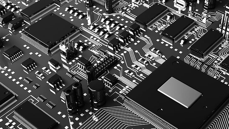 carte de circuit noir et gris, ordinateur, micropuce, art numérique, CGI, technologie, monochrome, géométrie, Fond d'écran HD
