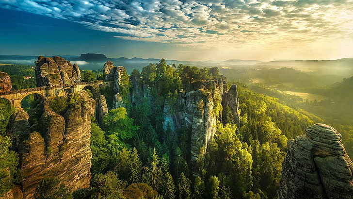 Bastei, bridge, cliff, Climbing, clouds, forest, Germany, Hill, landscape, mist, nature, Saxon Switzerland, sunset, Valley, HD wallpaper