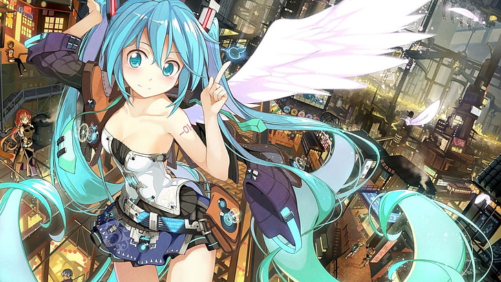 blue haired female anime character, long hair, Vocaloid, Hatsune Miku, wings, HD wallpaper
