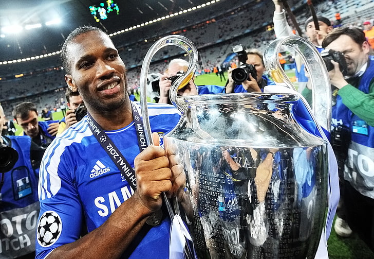 męska niebieska koszulka z dżerseju Adidas, Champion Chelsea FC, Didier Drogba, Tapety HD