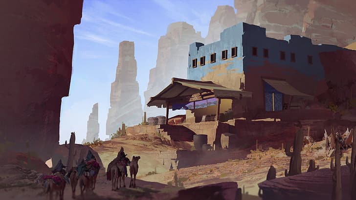 camels, caravan, cactus, building, desert, rocks, HD wallpaper