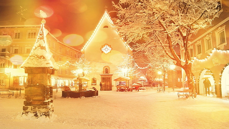 желтая освещенная деревня цифровые обои, Рождество, атмосфера, огни, HD обои