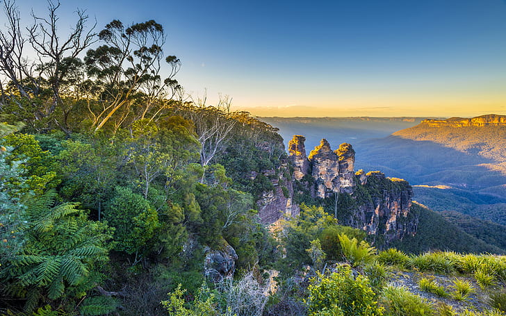 the sky, sunset, mountains, plants, valley, horizon, Australia, haze, New South Wales, The Blue Mountains, HD wallpaper