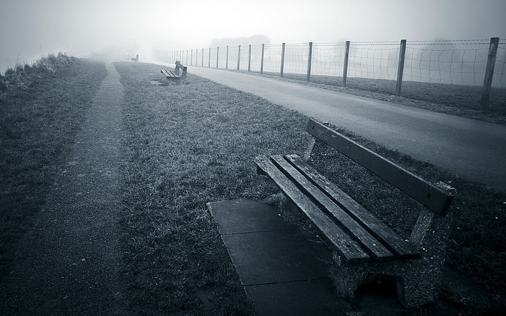 brown wooden bench, landscape, bench, monochrome, fence, path, dirt road, grass, mist, gray, HD wallpaper