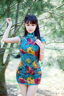 damska niebiesko-różowa mini sukienka w kwiaty, Azjatka, damska, brunetka, Tapety HD HD wallpaper