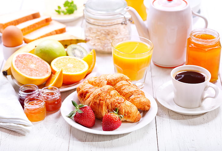 café, petit déjeuner, fruits, gâteaux, tasse, confiture, croissant, croissant, Fond d'écran HD