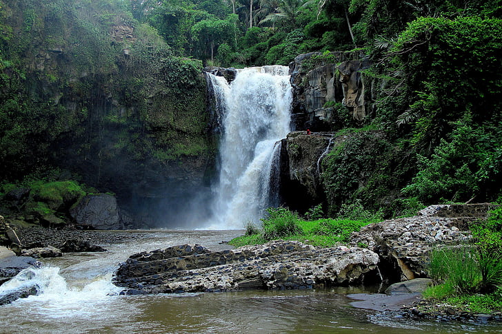 bali, cliffs, forest, indonesia, jungle, river, waterfalls, HD wallpaper