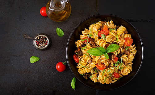 food, pasta, basil, olives, Pepper, tomatoes, HD wallpaper HD wallpaper
