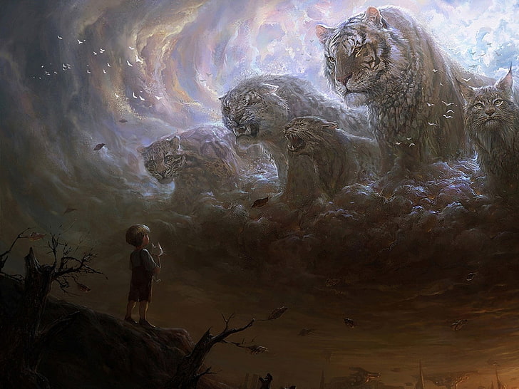 fantasy art, children, big cats, animals, HD wallpaper