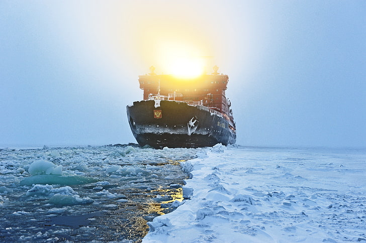 ฤดูหนาวทะเลหมอกหิมะน้ำแข็งแสงเรือรัสเซียสปอตไลต์ 50 ปีแห่งชัยชนะ 10521 Atomflot เรือตัดน้ำแข็งพลังงานนิวเคลียร์, วอลล์เปเปอร์ HD