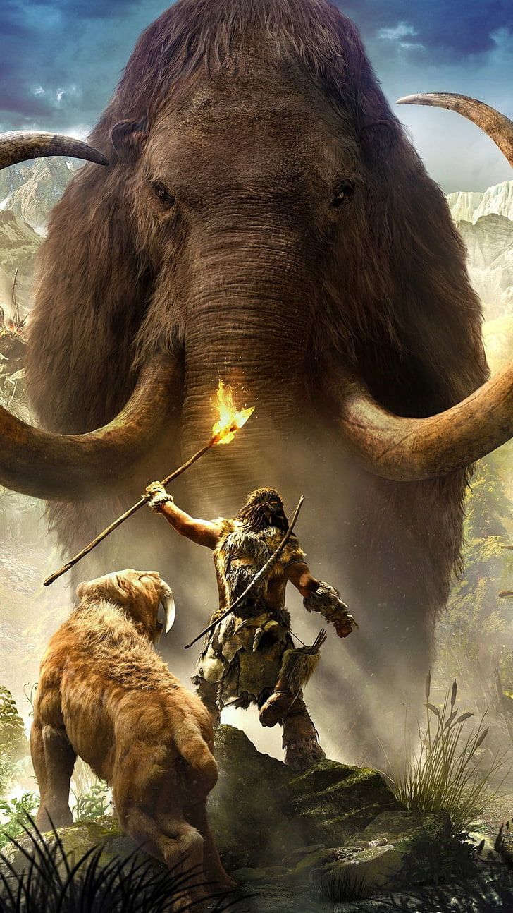 Far Cry Primal Game, homem de pé ao lado do leão na frente do papel de parede de mamute, jogos, Far Cry, longe chorar primal, HD papel de parede, papel de parede de celular