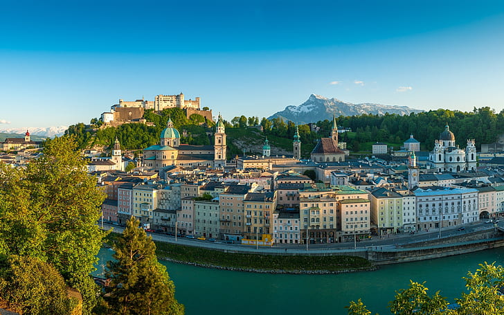 Salzburg, Republik Österreich, Fluss, Häuser, Salzburg, Republik, Österreich, Fluss, Häuser, HD-Hintergrundbild