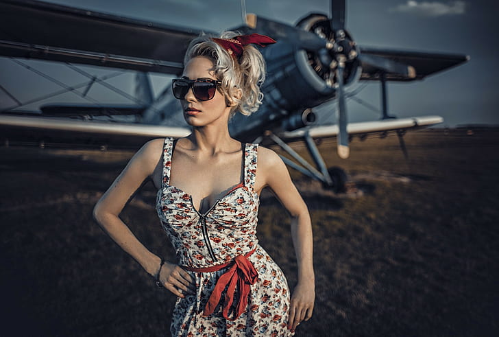 mulheres com óculos modelo loira aeronaves antonov um 2, HD papel de parede