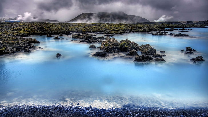 Paisagem típica da Islândia, colinas, termas, piscinas, vapor, rochas, natureza e paisagens, HD papel de parede