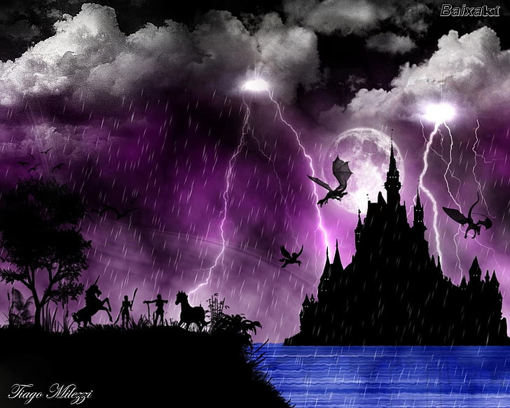 dark, fantasy art, dragon, purple, artwork, storm, HD wallpaper
